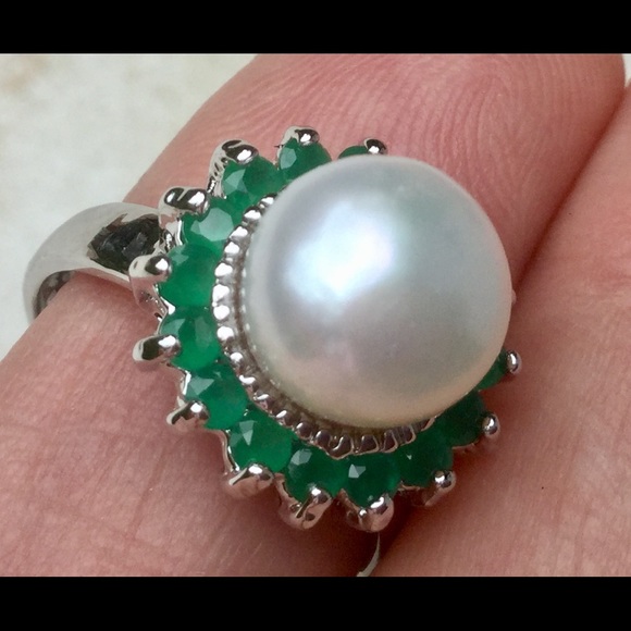 Jewelry - SOLD. Genuine Akoya Pearl And Emerald SS Ring
